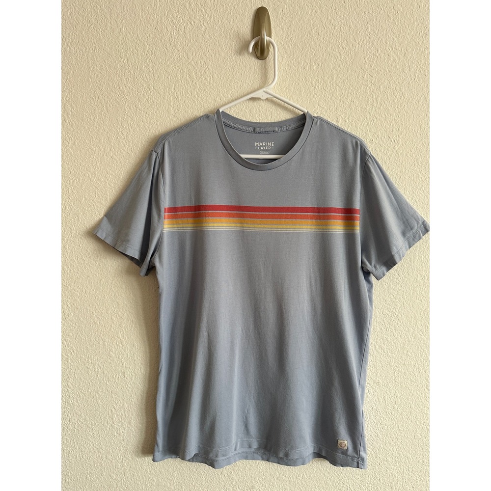 Marine Layer Signature Crew Mens Medium Blue Retro Chest Stripe Short Sleeve Tee